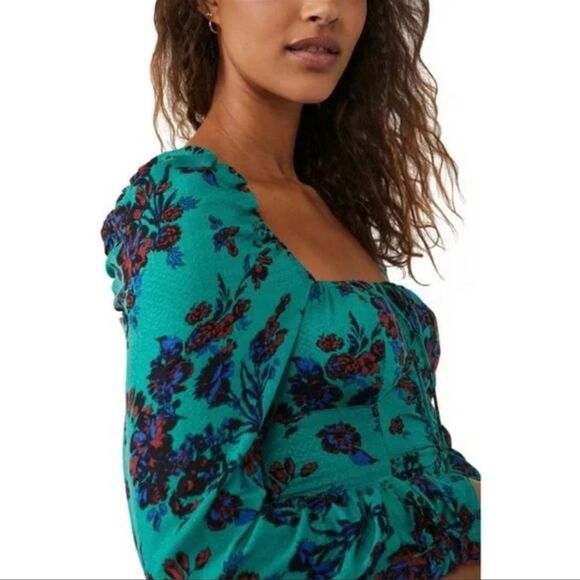 Free People NWT Hilary printed top green Floral combo Size Small Long Sleeve - Picture 3 of 4